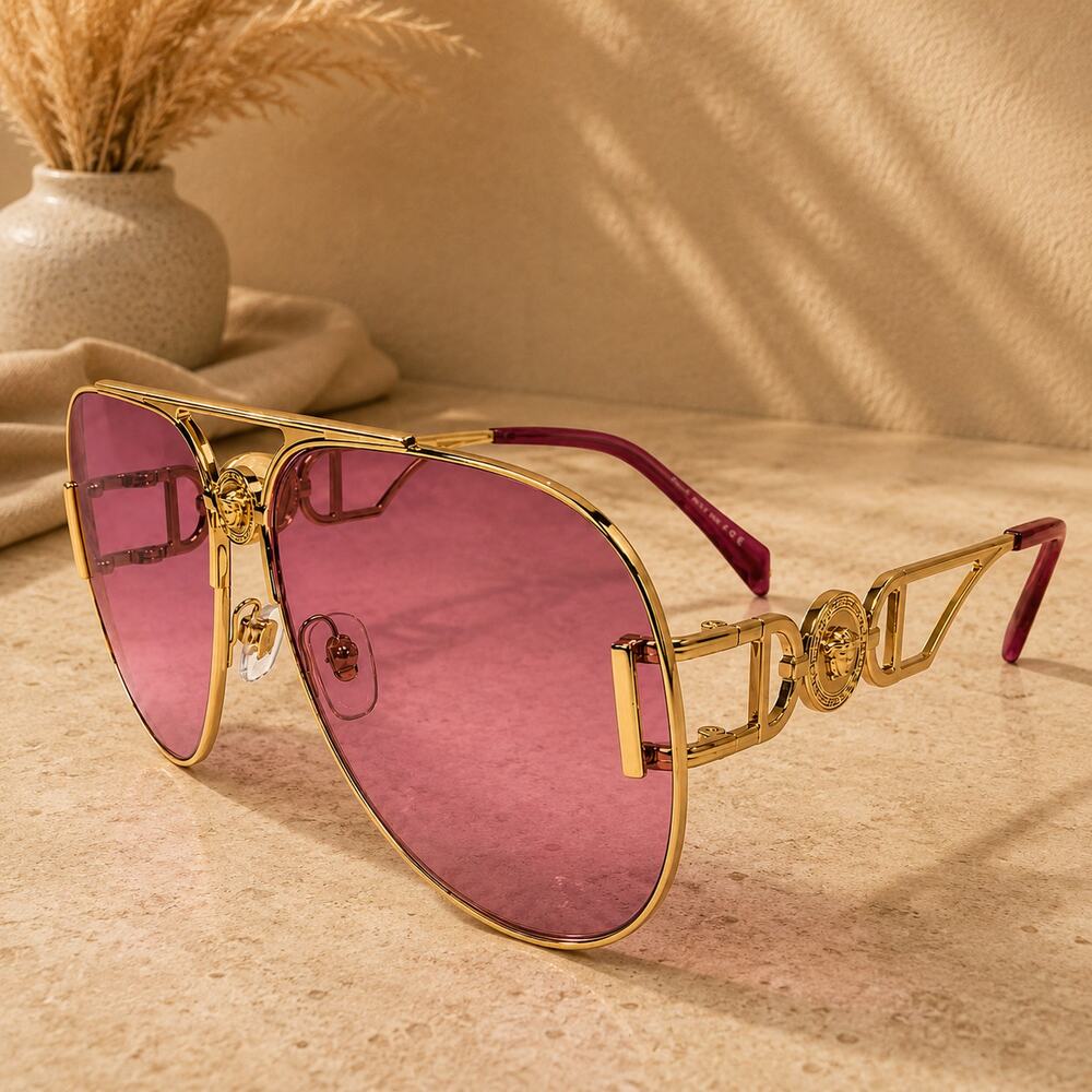 Versace VE2255 1002A4 Gold Pilot Aviator Sunglasses Pink Mirror Lenses - Picture 3 of 4